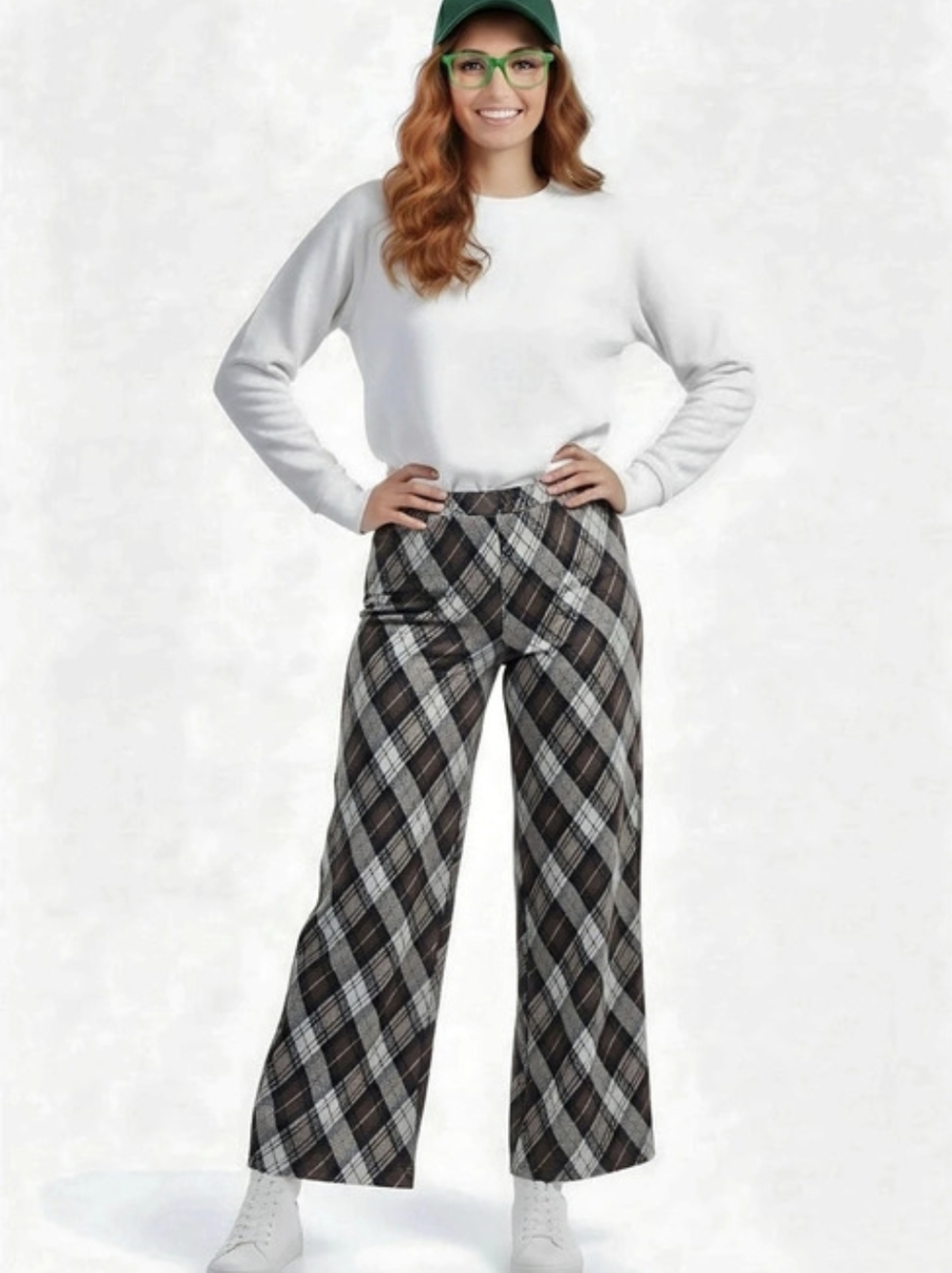 Free People Plaid Wide Leg Pants in Gray & Brown Size Medium